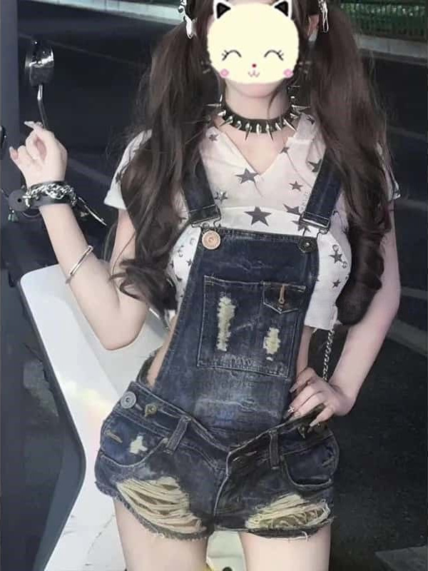 Summer Essential Retro Blue Ripped Denim Overalls Shorts for Women with a Unique Design, Frayed Edges, Loose Fit, Slimming, Versatile