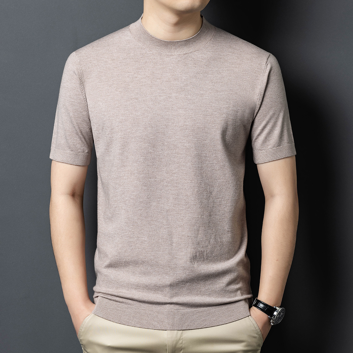 Men's Knitted Short-Sleeved Half Turtleneck Knitwear Short-Sleeved Men's Slim Fashion Versatile Bottoming Shirt Business Casual Half-Sleeved