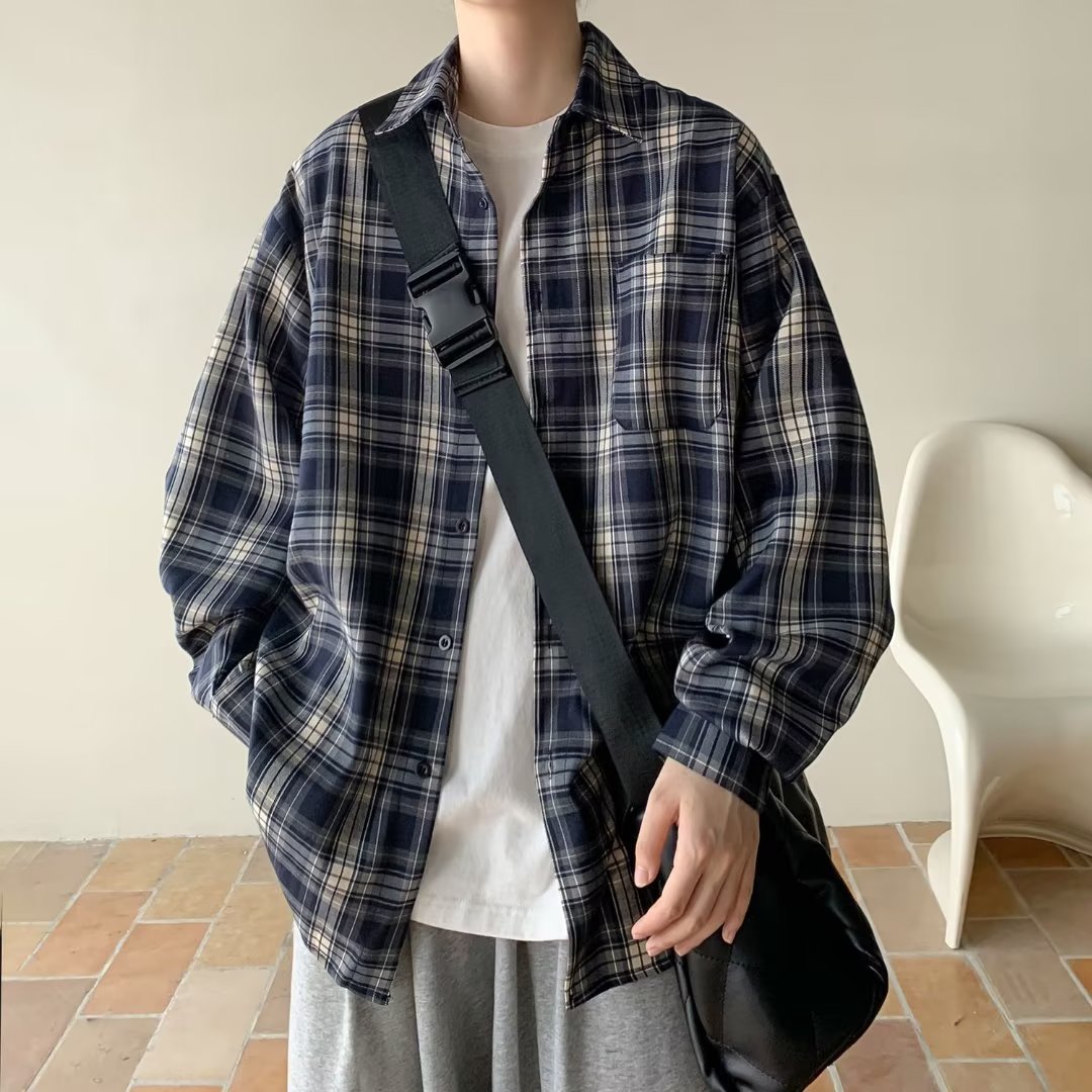 Japanese Style Retro Plaid Shirt Men's Long-sleeved Spring and Autumn New Loose Casual High-end Shirt Jacket for Boys