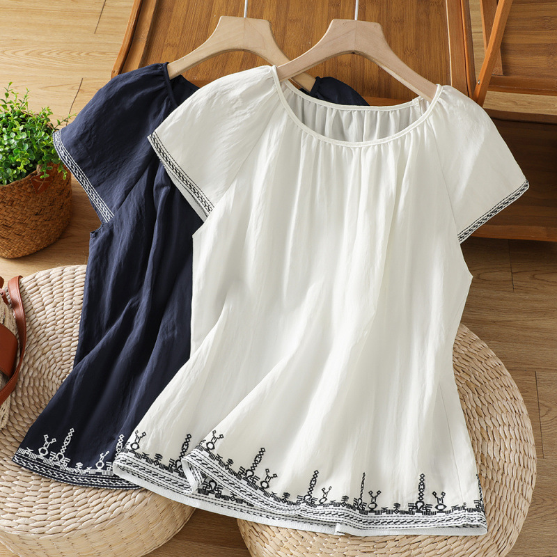 Raglan Sleeve Embroidered Lace Round Neck Short-Sleeved T-Shirt for Women 2026 Summer New Retro Artistic Pullover T-Shirt Top for Women