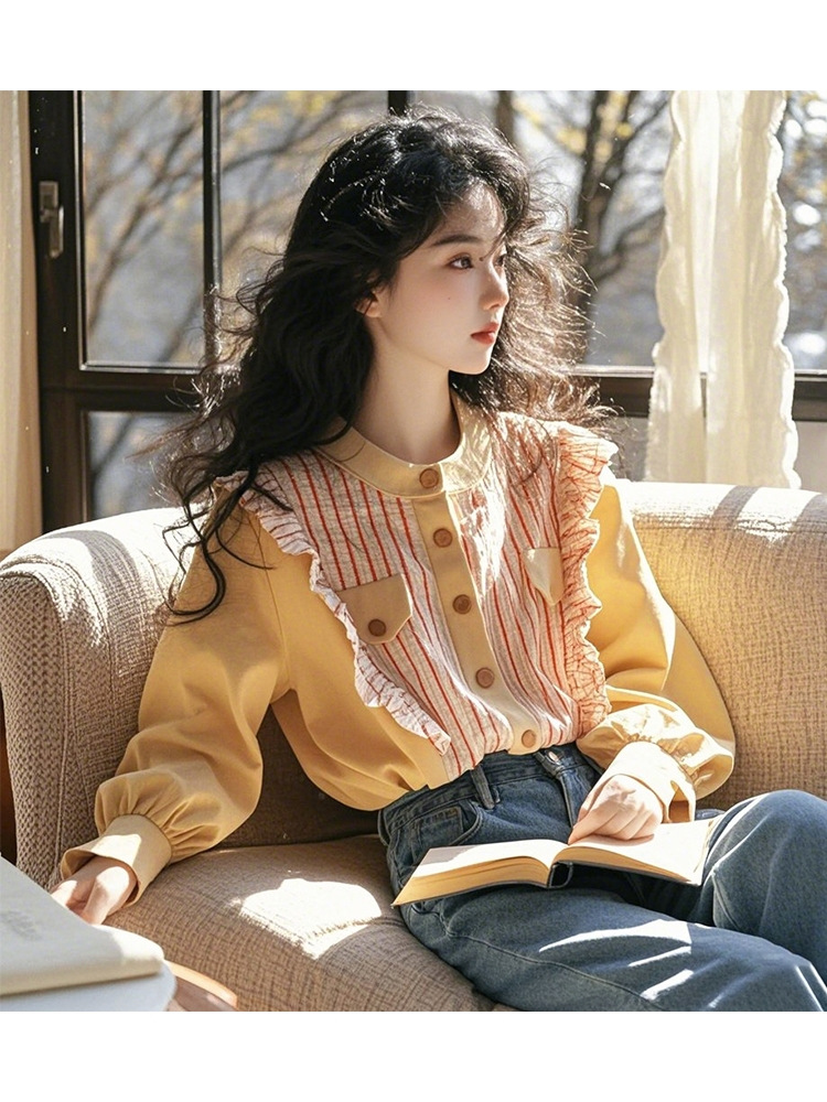 This year's popular explosions beautiful small shirt unique super good-looking foreign style design yellow striped ruffled shirt for women
