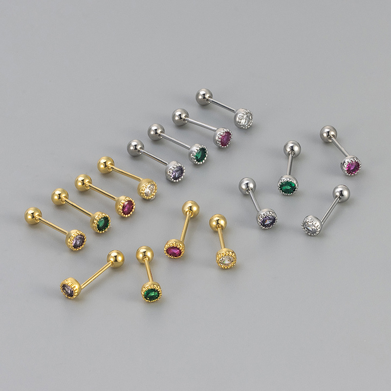 New Round Diamond Colored Zircon Screw-On Earrings, Versatile for Everyday Wear, Niche Design Women's Ear Jewelry