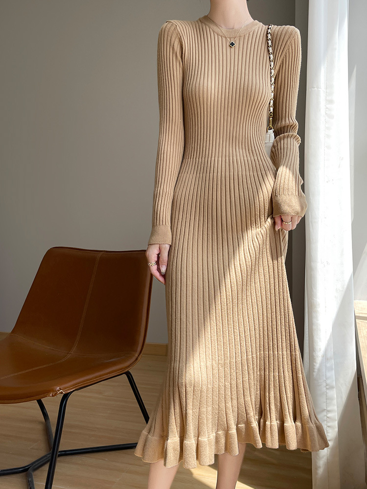 Elegant Crewneck Fishtail Ruffled Knitted dress Women's 2024 Autumn and Winter New Long Sleeve Bottoming Sweater Dress