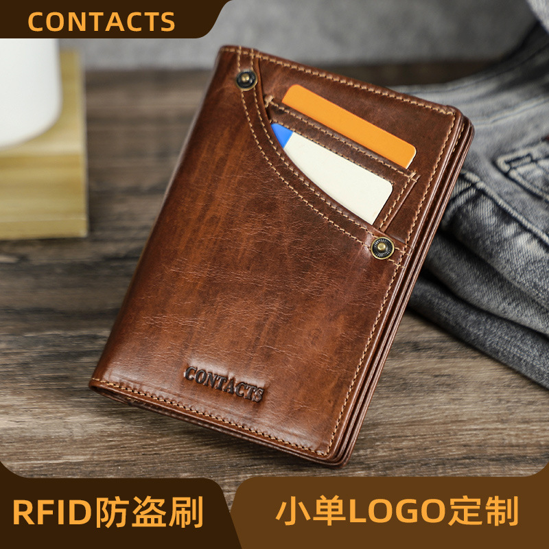 Black Angel Full-Grain Color-Changing Vintage First-Layer Cowhide Rfid Anti-Theft Short Wallet with Multiple Card Slots Genuine Leather Wallet