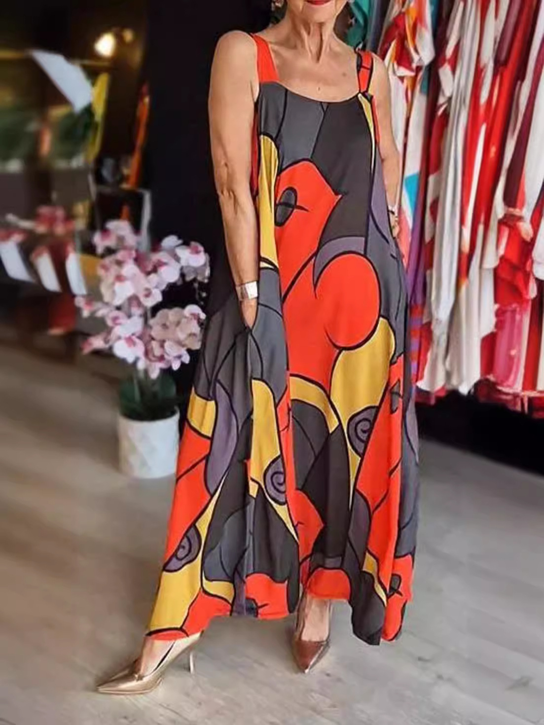 2024 Summer European and American Cross-Border Women's Popular Casual Style Sleeveless Dress with Pockets and Geometric Print