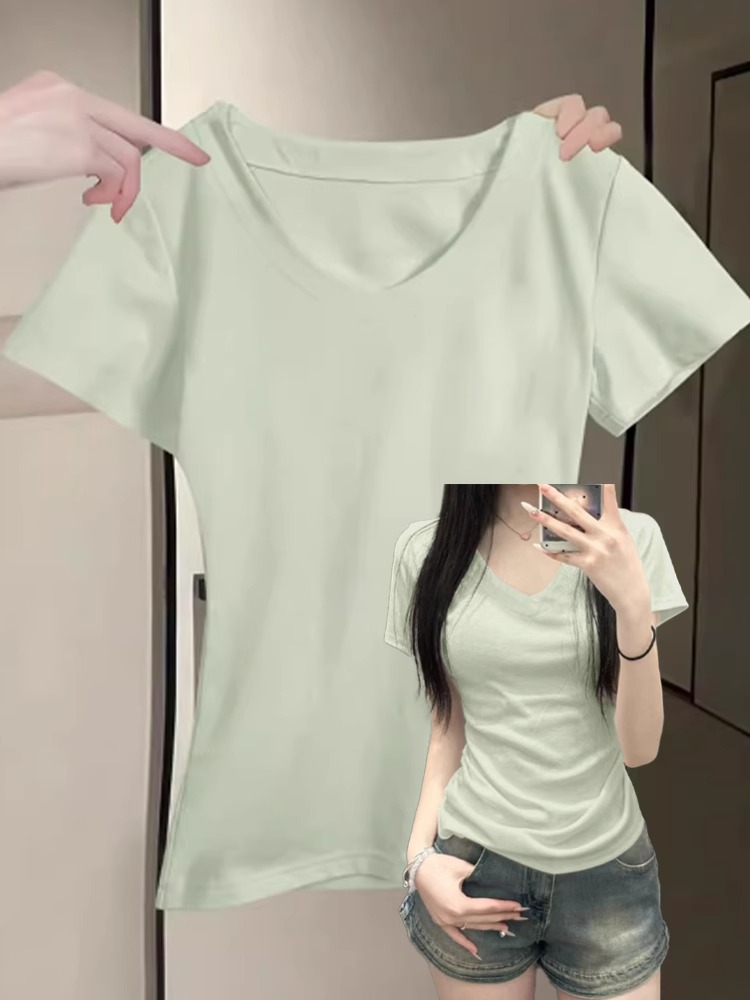 V-neck Shoulder Short-sleeved T-shirt Women's Summer Thin 2025 New Slim-fit Tight Waist Niche High-end Design Top