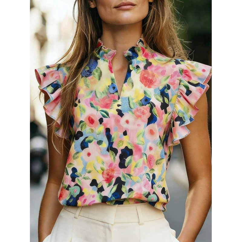 2026 Amazon Independent Site New Style Retro Ruffled Printed Sleeveless Shirt Minimalist Versatile Top for Women