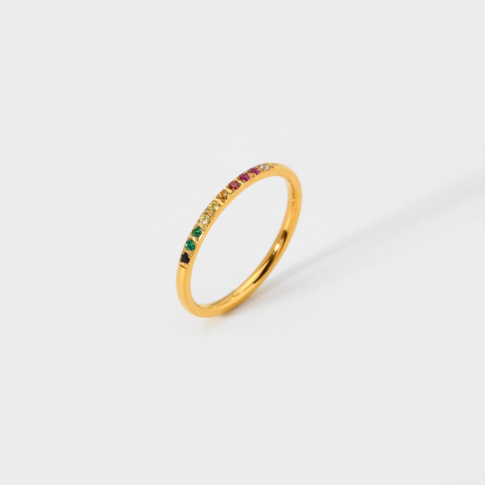 Ins Fashion Colorful Inlaid Zircon Rainbow Effect 18K Gold Plated Ring for Women Stackable Stainless Steel Female Ins Trend