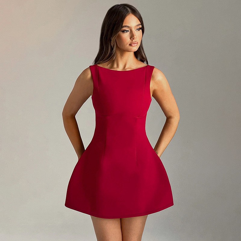 Cross-Border 2026 New Style European and American Simple Sexy Elegant Slim-Fit Short Solid Color Backless Basic Dress for Women