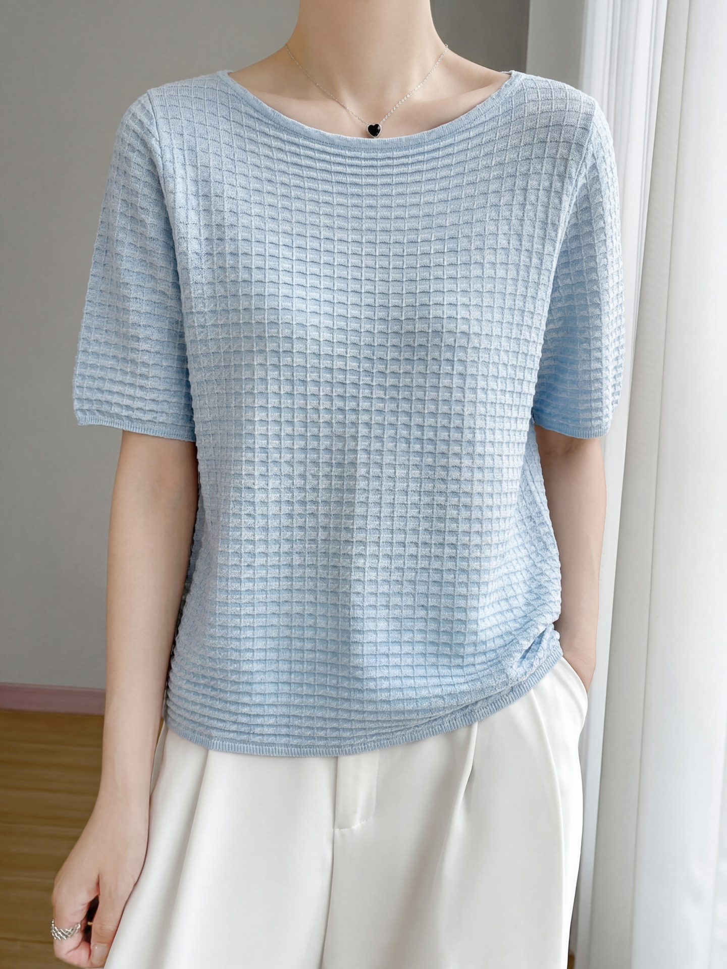 One-Line Collar Lyocell Tencel Cotton Thin Knit Short-Sleeve Waffle Design Cool Breathable Skin-Friendly Short-Sleeve T-Shirt