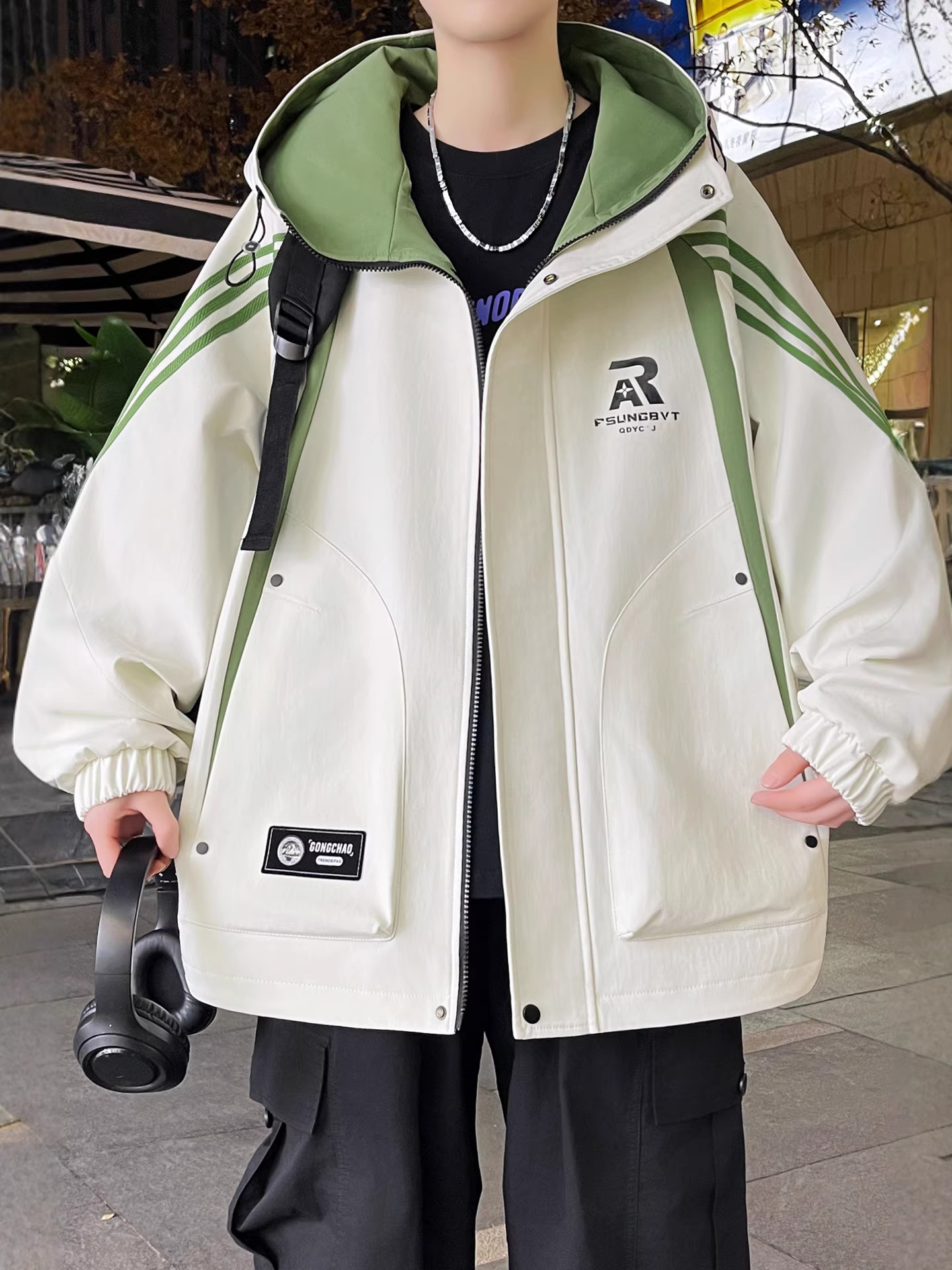 Spring and Autumn Style Youth Color-Block Hooded Jacket Trendy Brand Print Junior High School Student Design Hong Kong Style Versatile Boys' Jacket