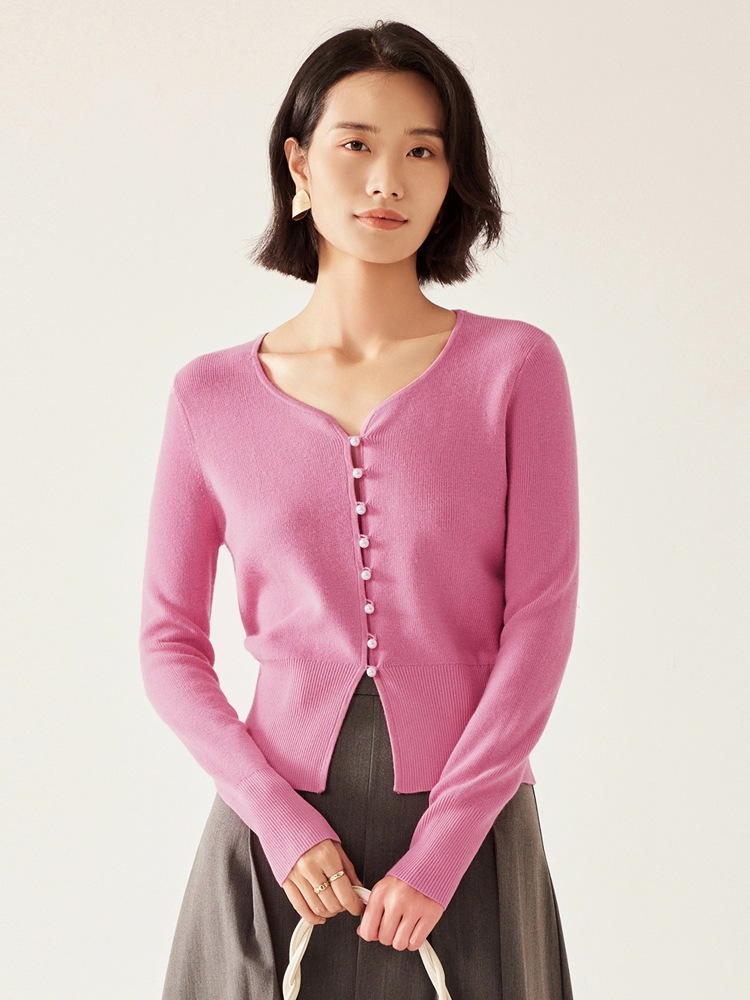 Autumn New Women's Merino Wool Knitted Cardigan Women's Long-Sleeved V-Neck Slim-Fitting Pearl Button Sweater Jacket