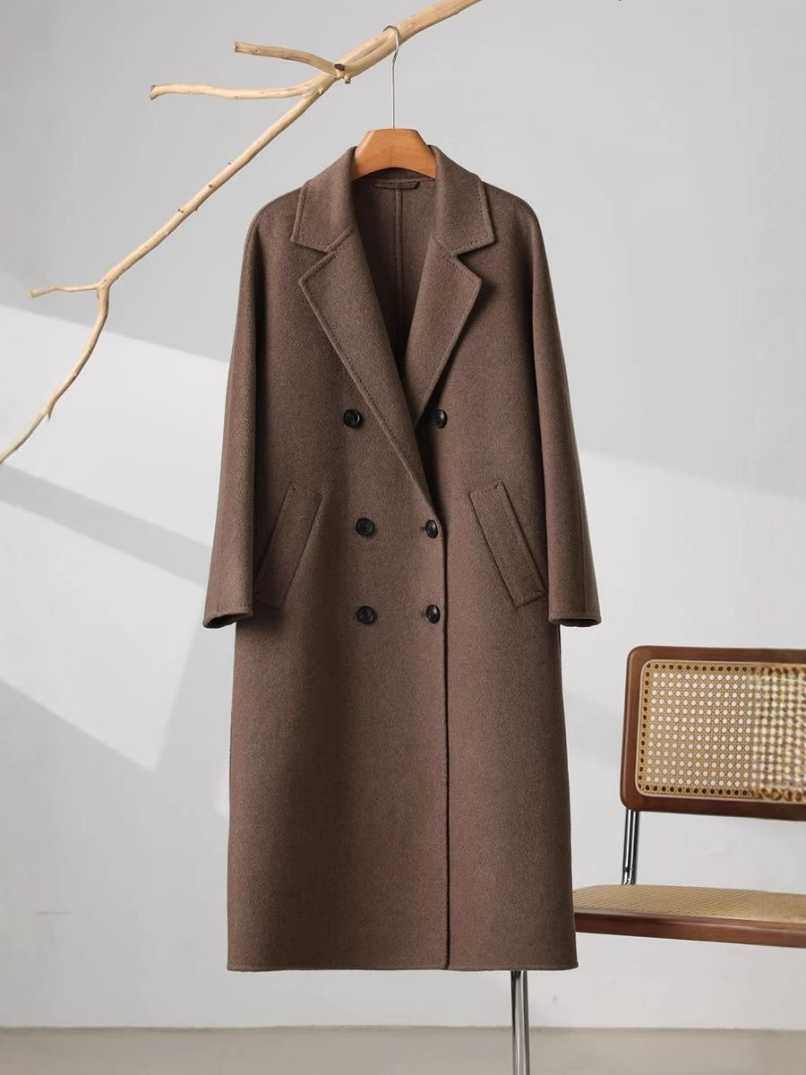 100 Pure Cashmere Double-Sided Coat Mid-Long Women's Double-breasted Loose Cashmere Coat Women's Lace-Up Woolen Coat