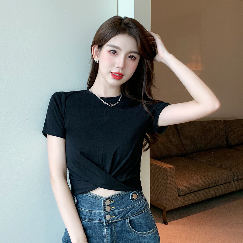 Short-Sleeved T-Shirt for Women 2025 New Summer High-Waist Navel-Baring Design T-Shirt Cross-Pleated Niche Short Top