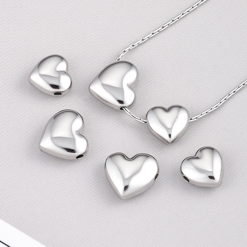 Stainless Steel Polished Heart-Shaped Through-Hole Beads Ins Korean Style Versatile Heart Bracelet Necklace Accessories Light Luxury High-End Pendant