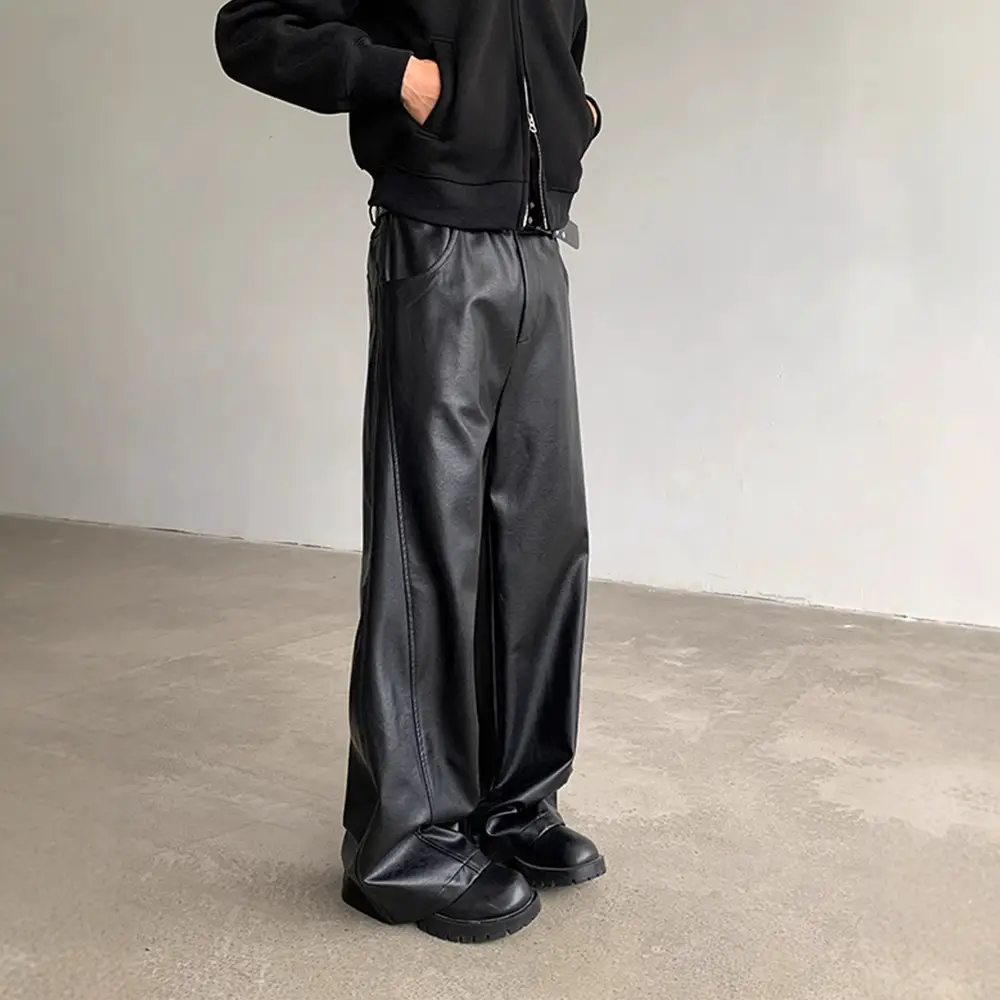 美式复古PU皮裤男款宽松高级感vibe裤子美拉德黑色拼接阔腿休闲裤