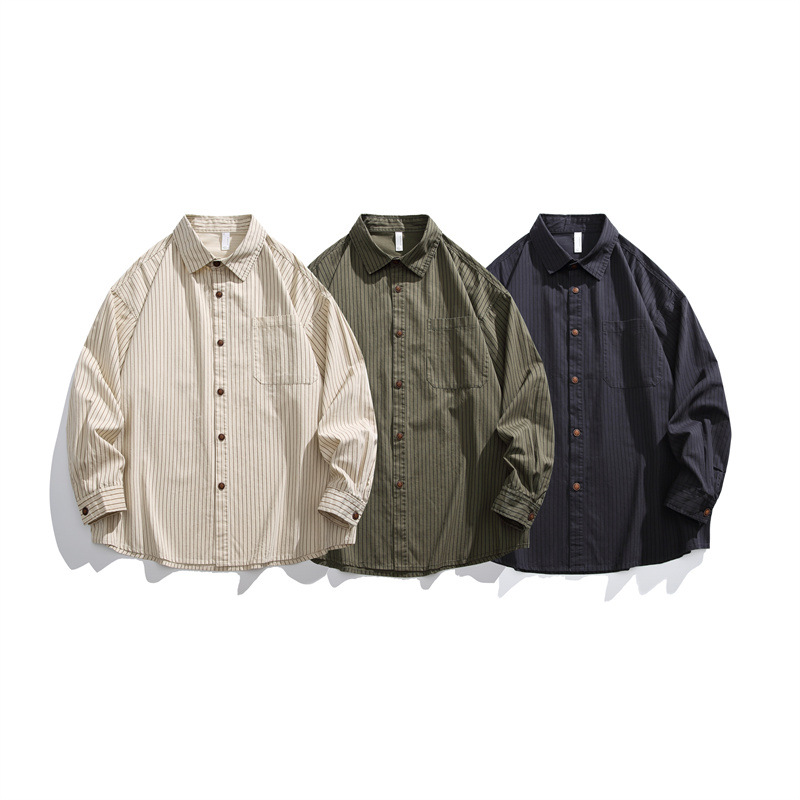 2025 Spring and Autumn New Style Pure Cotton Washed Striped Shirt Men's Loose Casual Long Sleeve Shirt Factory Direct Sale