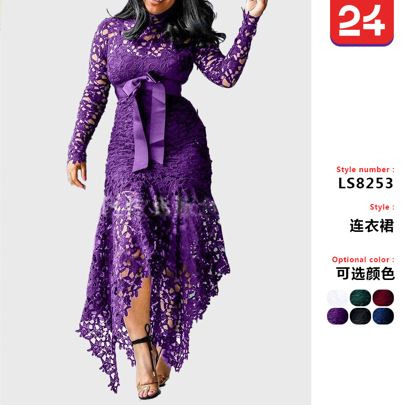 2025 New European and American Export Women's Wish Lace Cut Out Long-Sleeved Stand-Up Collar Lace-Up 5-Color Asymmetrical Dress