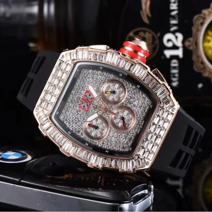 Factory Direct Sales Richard Barrel-Shaped Diamond-Encrusted Starry Sky Multifunctional Six-Hand Chronograph Foreign Trade Fashion Watch with Luminous Hands
