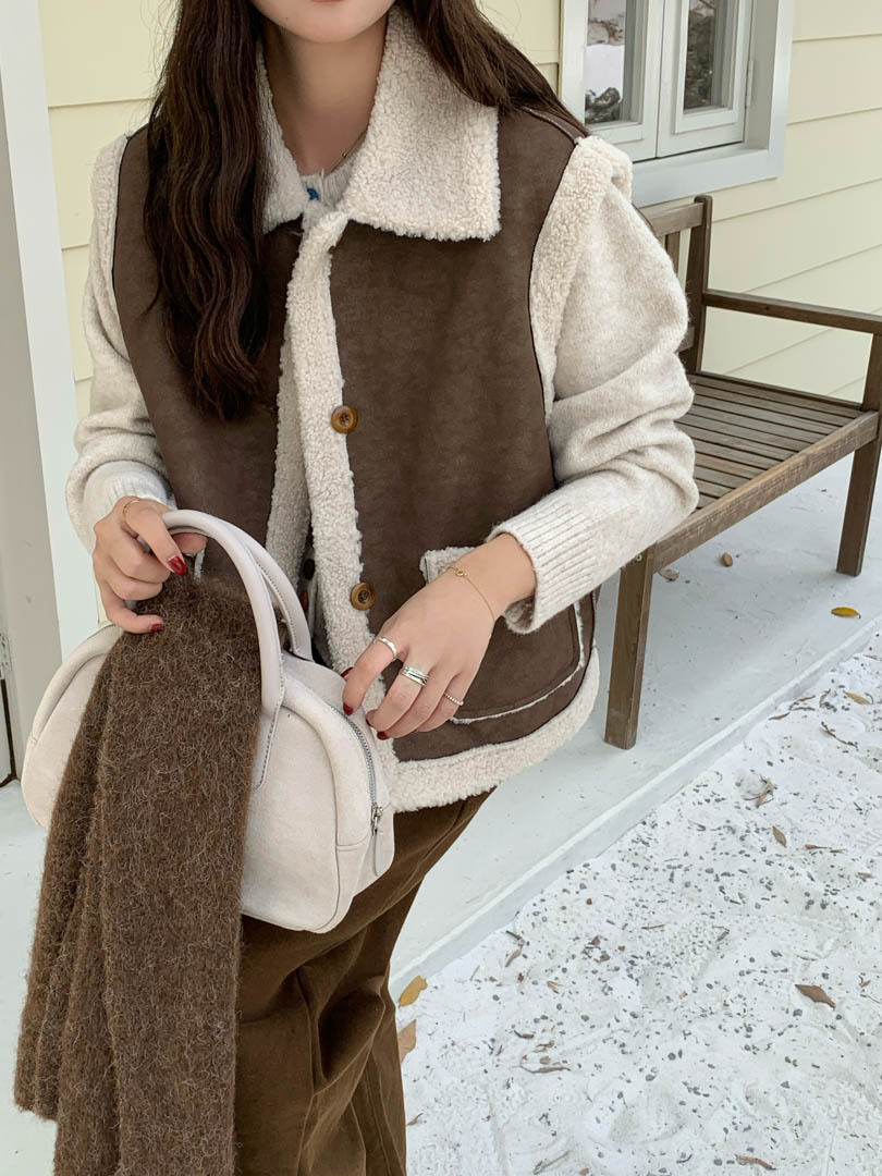 Clothing Paradise Vintage Korean Lamb Wool Suede Stitching Vest Coat Women's Small Fur One-piece Vest