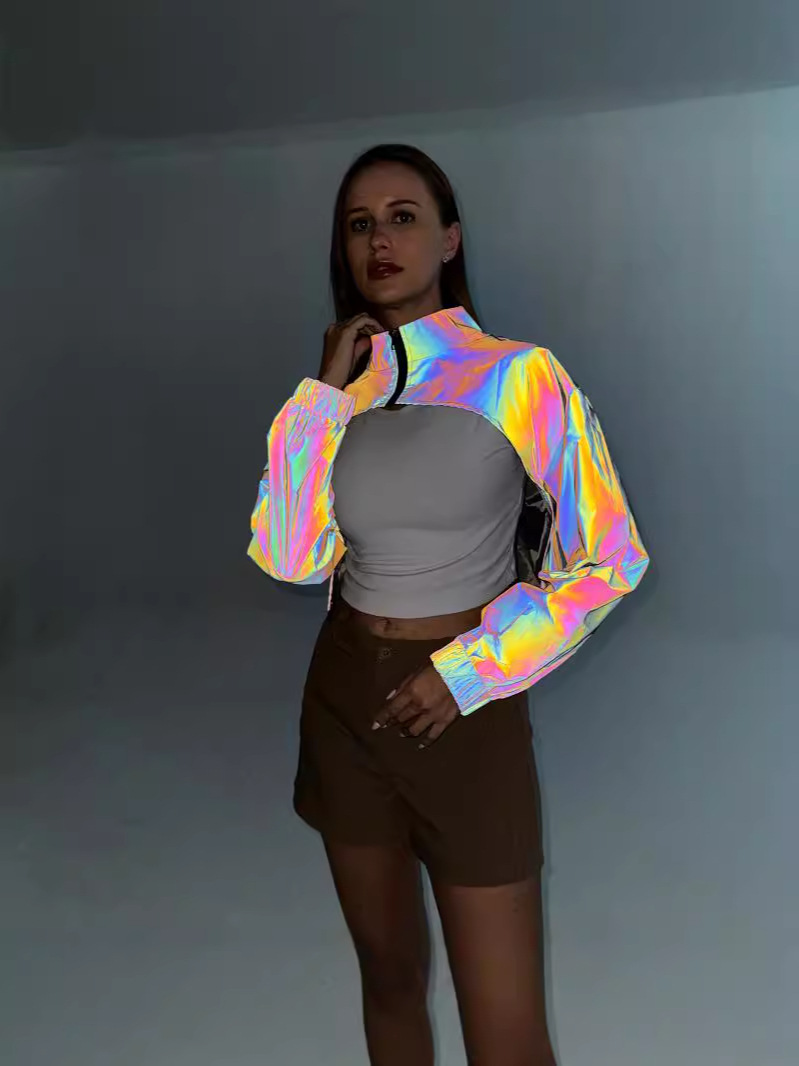 European and American Cross-border Colorful Reflective Short Coat Women's European and American Illusion Luminous High Waist Stand Collar Jacket plus size Zipper Blouse