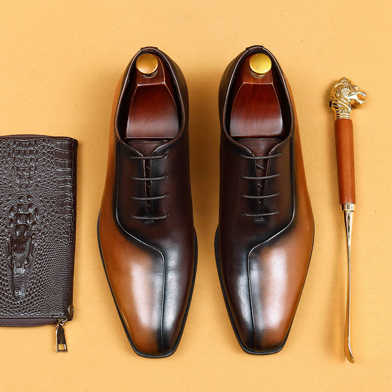 [Pre-Order Not in Stock] British-Style Business Formal Leather Shoes for Men, Genuine Leather, Export, Color-Blocking, Pointed Toe, Handmade Oxford Shoes