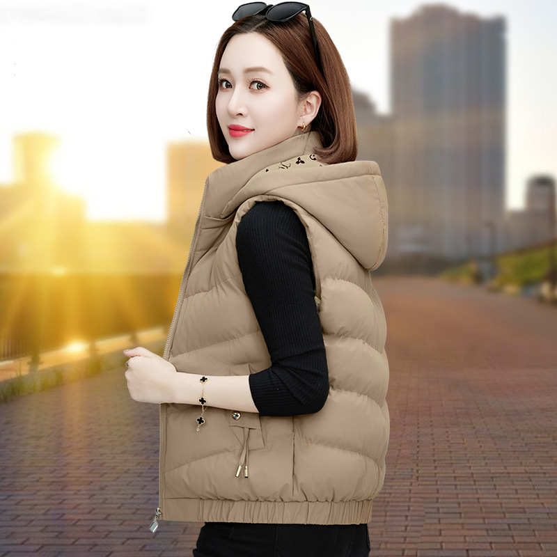 fleece-lined Down Cotton Vest Women's Short Jacket Autumn and Winter New Hooded Cotton Jacket