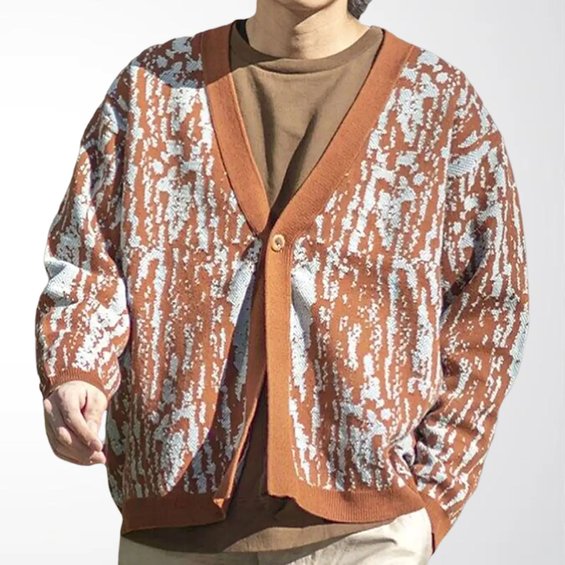 Men's Cardigan Long-Sleeved Sweater Autumn and Winter Style Lazy Style Abstract Jacquard Thickened Woolen Coat Men's Ready Stock Sy0204