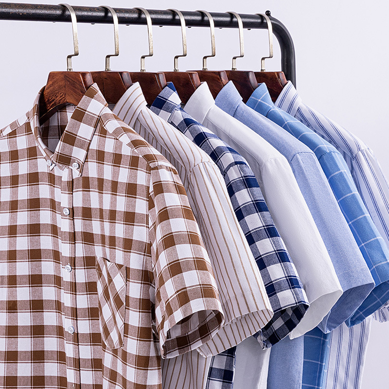 Men's Plaid Short-sleeved Shirt Washed Oxford Textile Casual Cardigan Top Button Collar Middle-aged Dad Half-sleeved Shirt