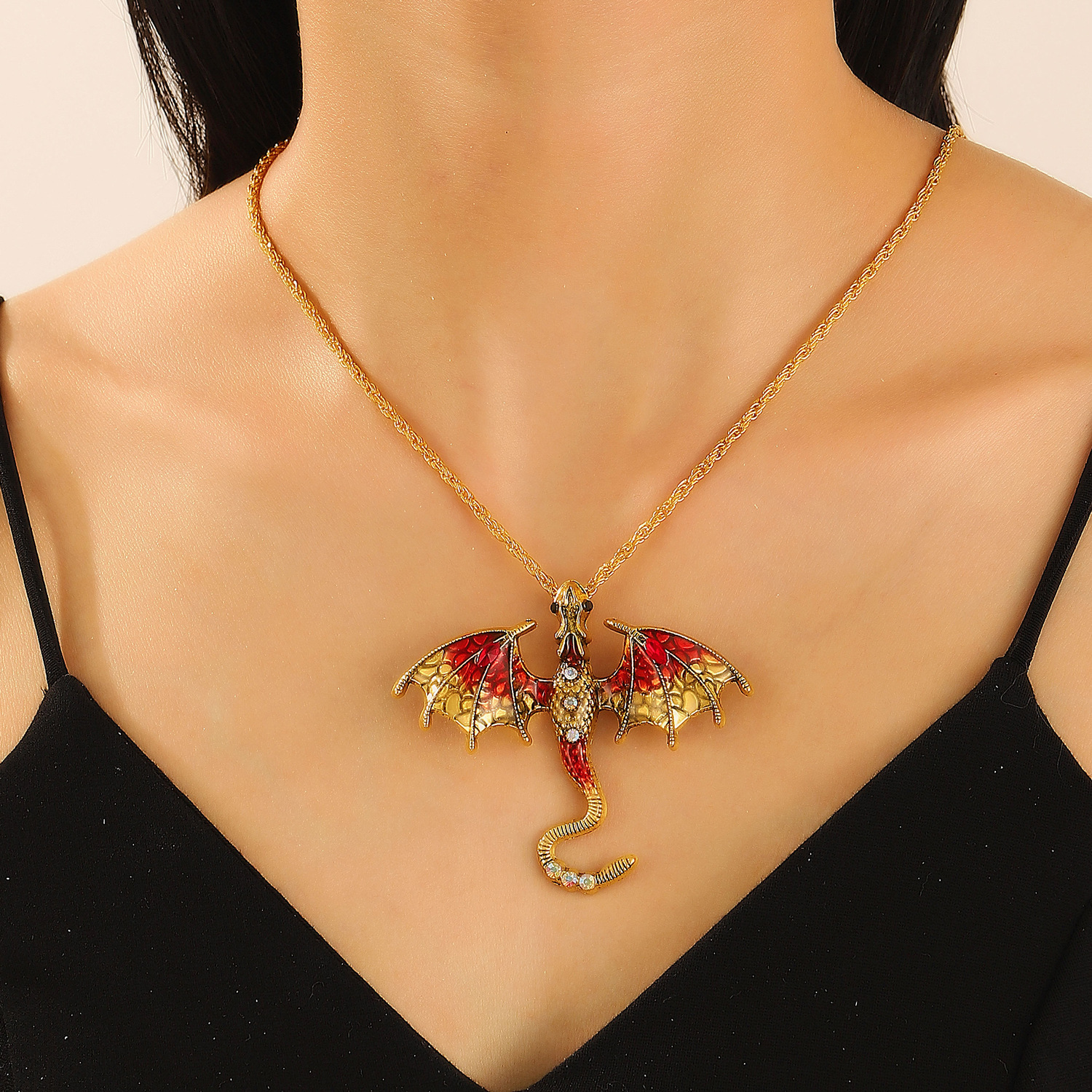 Retro Oil Dripping Cartoon Flying Dragon Shape Pendant European and American Disco Hip-Hop Diamond Animal Couple Necklace Cross-Border Supply