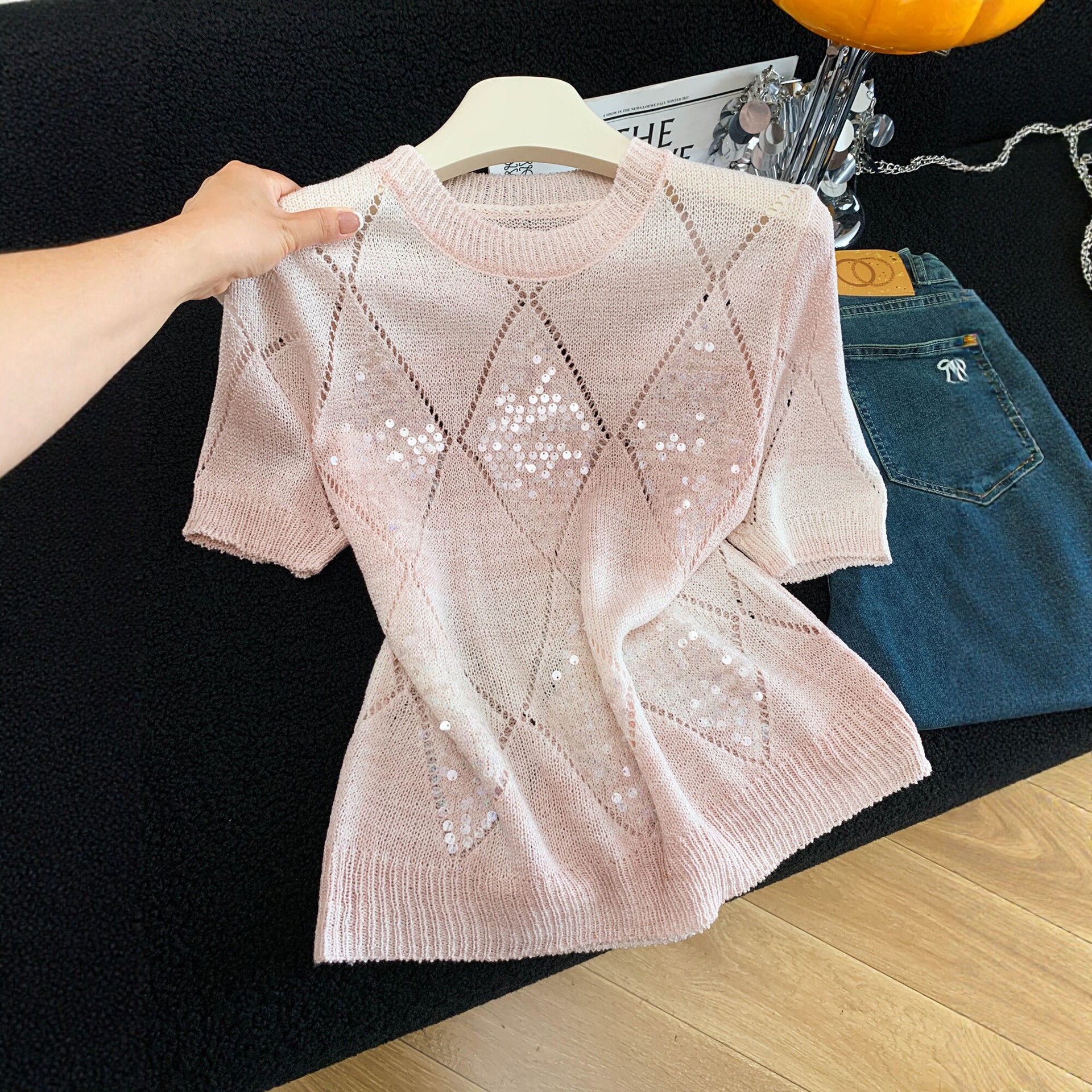 Ice Silk Thin Pink Sequined Knit Short-Sleeve T-Shirt for Women, Summer 2026 New Versatile Hollow-Out Gradient Color Top