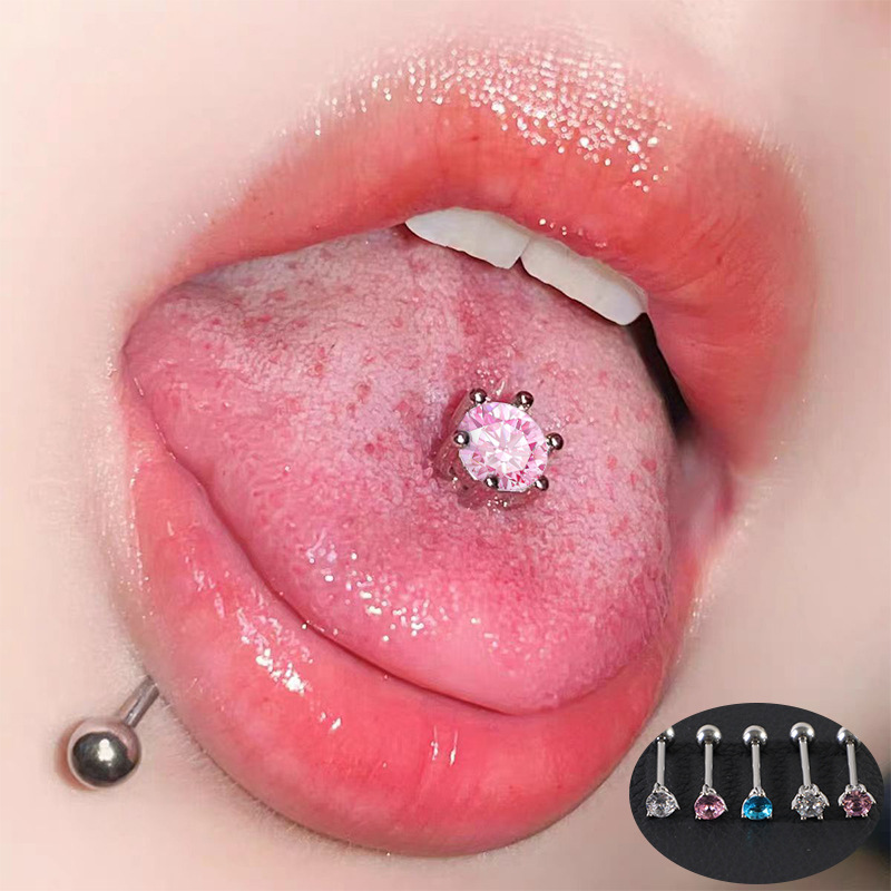 European and American Style Tongue Piercing Rings Stainless Steel Shiny Zircon Niche Fashion Piercing Jewelry Tongue Studs Wholesale