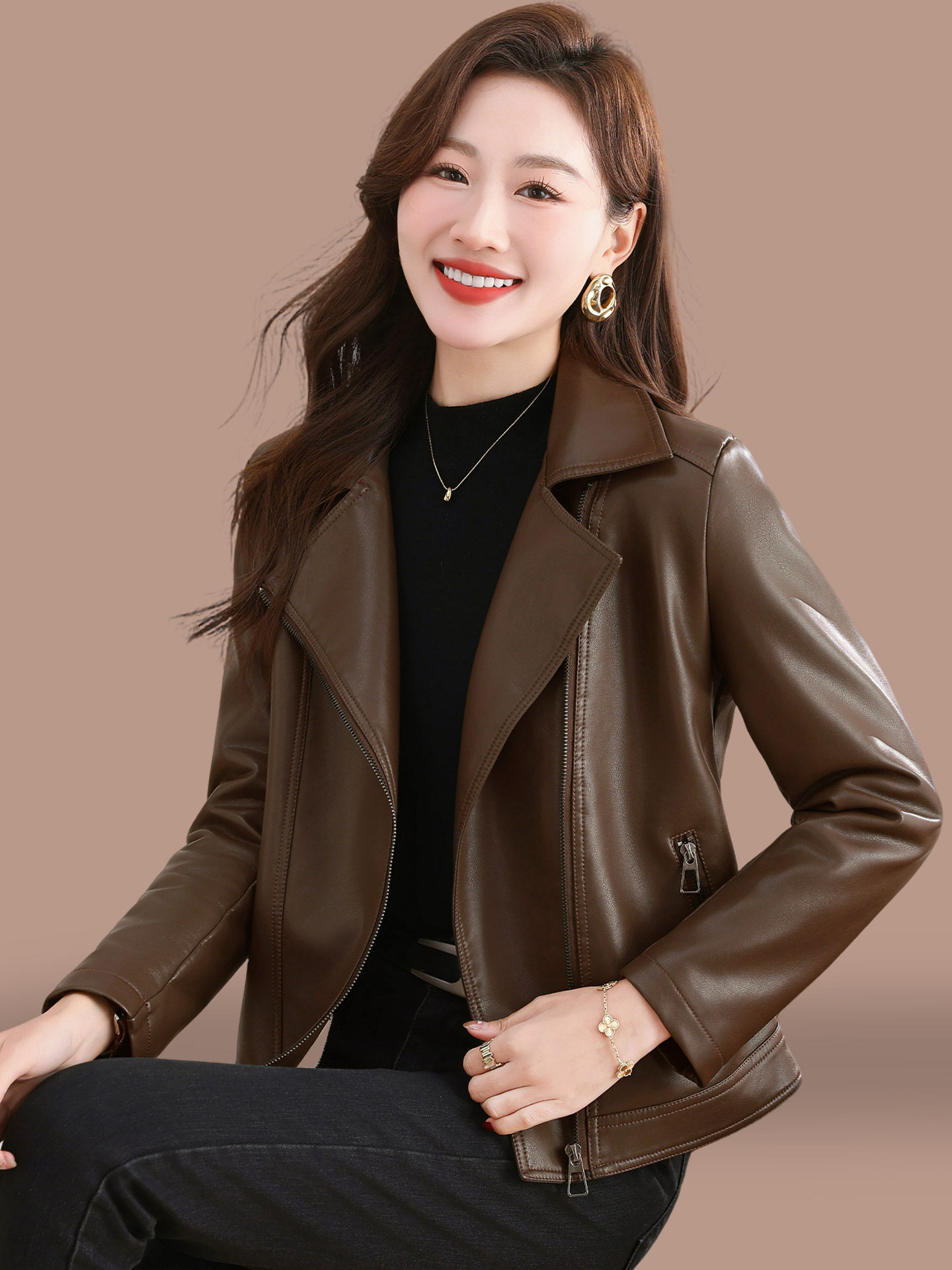 Brown Leather Jacket for Women, Petite Size, 2026 New Style, Spring and Autumn Casual Fashion, Stylish Turn-Down Collar Short Pu Leather Jacket