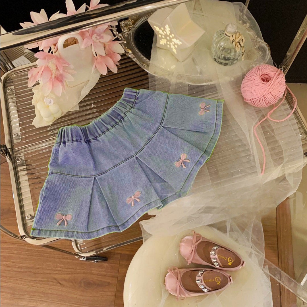 Girls' Summer Denim Short Skirt Baby's Western Style Children's Personalized Trendy Brand Korean Style Fashionable Bow Embroidered Pleated Skirt