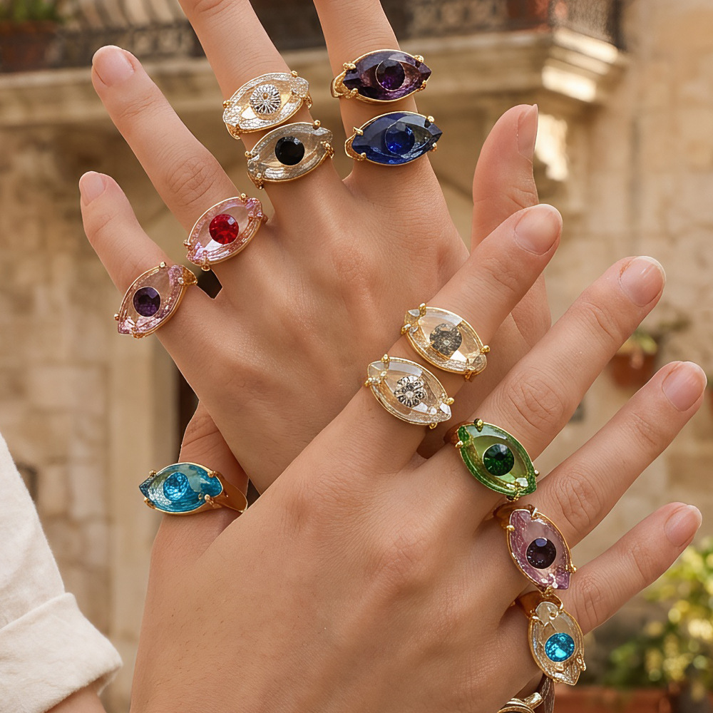 Cross-border Ring Hot Selling Glass Devil's Eye Ring Women's Niche High-end Light Luxury Street Photoshoot Open Eye Ring
