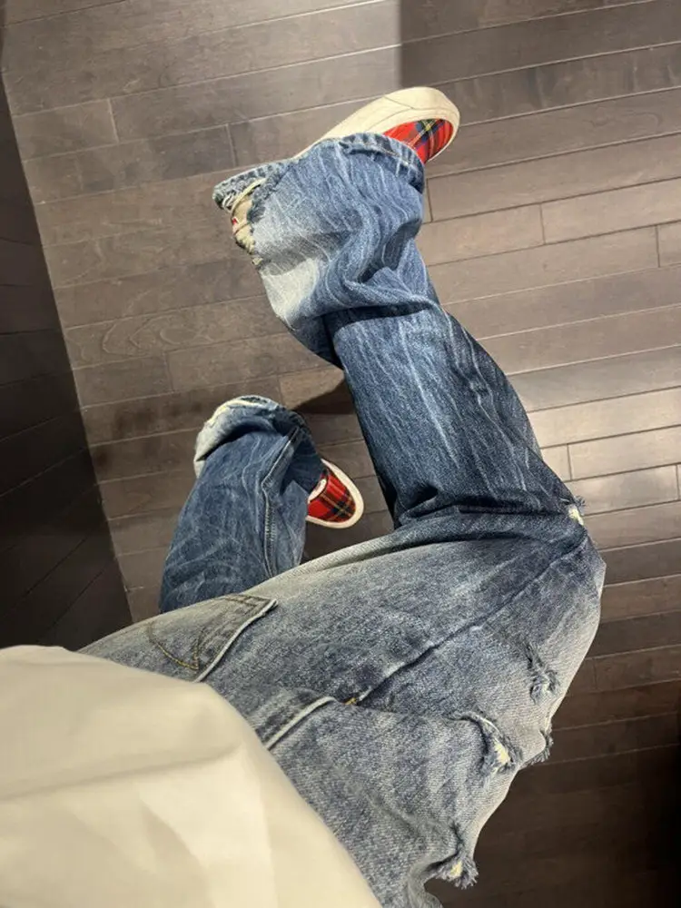 Cleanfit Washed Lightning Pattern Jeans for Men, American Vibe, Loose Fit, Slimming, Ripped Pants, Straight Leg, Slightly Flared Pants