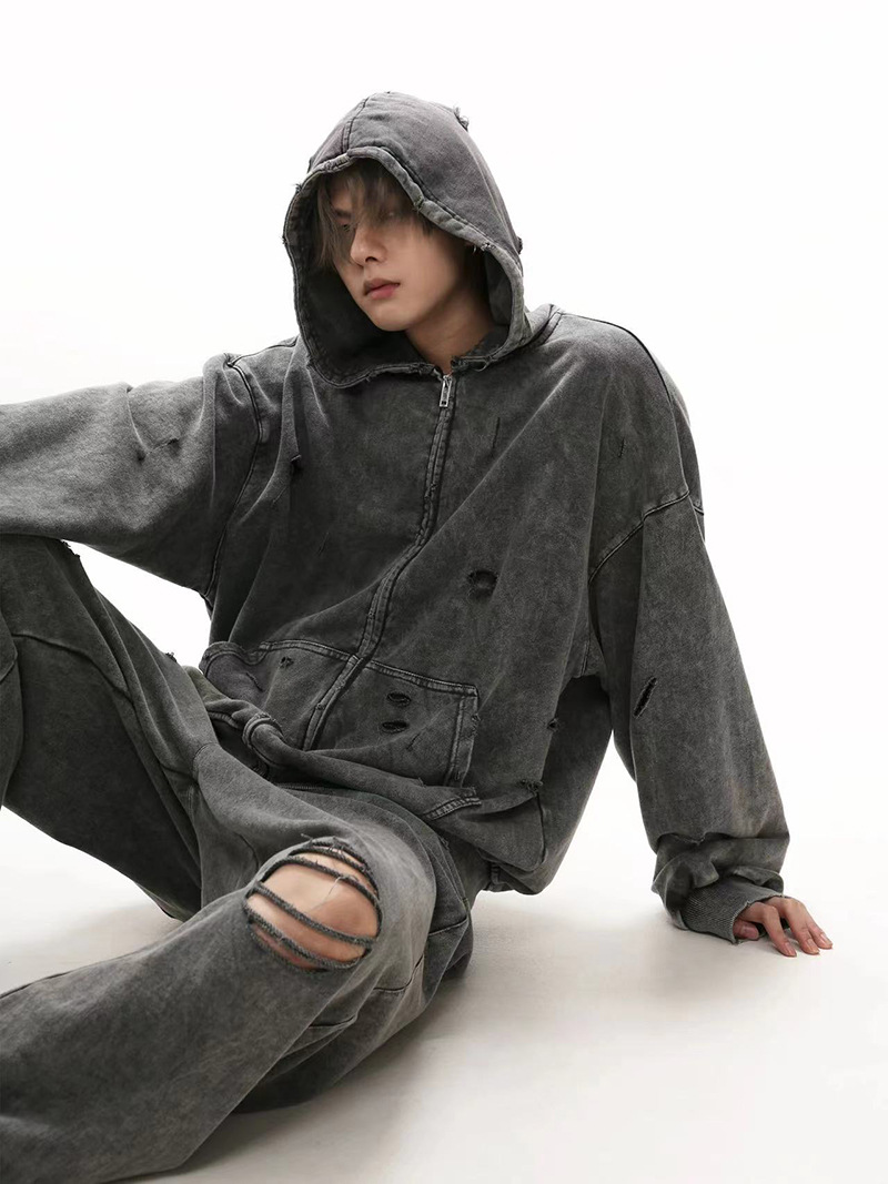 2026 Autumn/Winter Distressed Hooded Sweatshirt for Men, Washed Heavyweight Loose Fit Versatile Vintage Couple Style American Trendy Brand Top