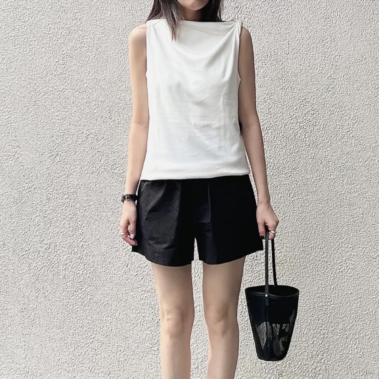 C Brand 26 Summer New Slim-Fit Single-Shoulder Knot Cotton Top Black and White Tank Top Vacation Commute Top