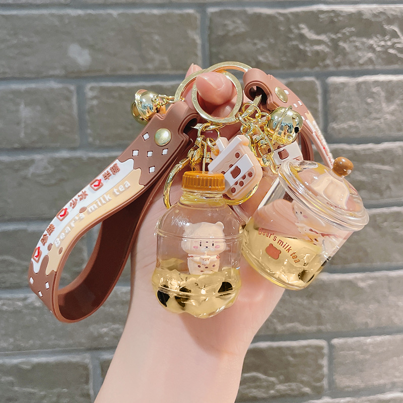 Creative floating acrylic oil tea bear keychain lovers exquisite car key chain bag pendant wholesale