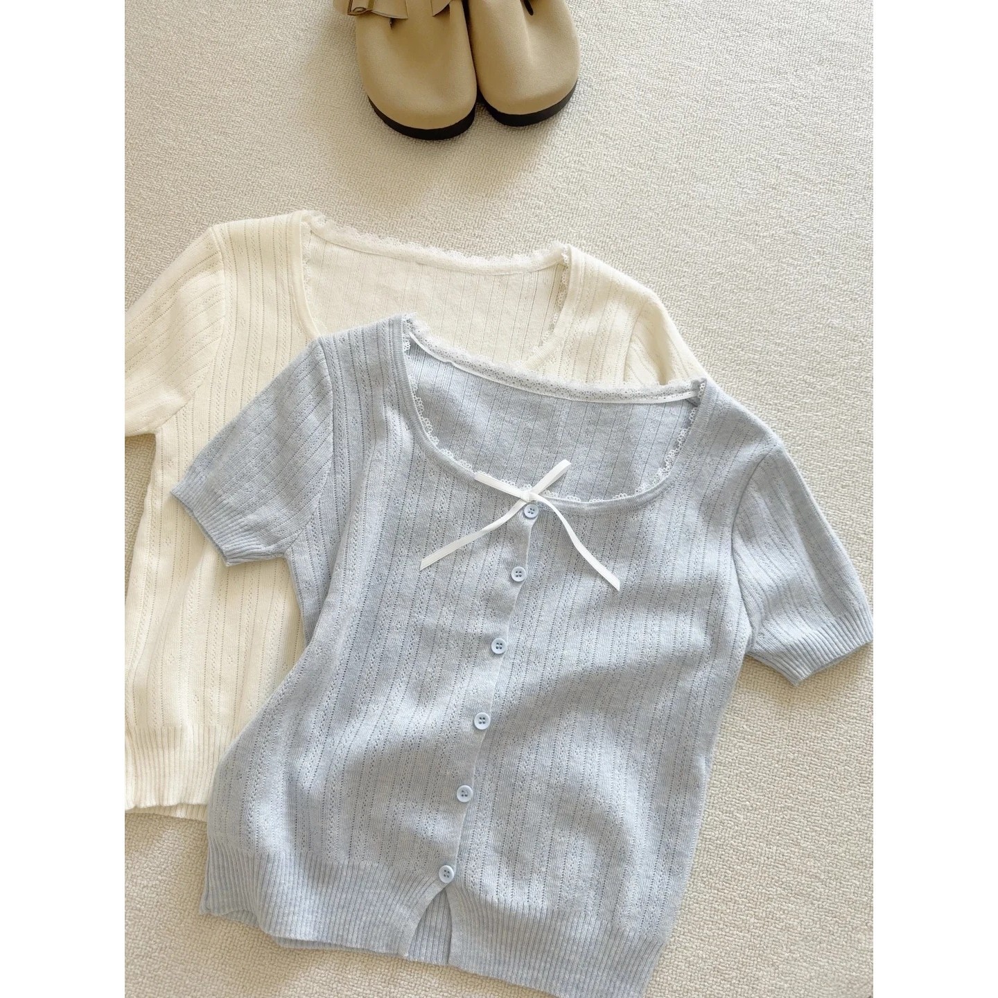 Lace-Trimmed Square-Neck Knitted Short-Sleeve Women's Summer Casual Sweet Style Button-Up Base Shirt Stylish Age-Reducing T-Shirt
