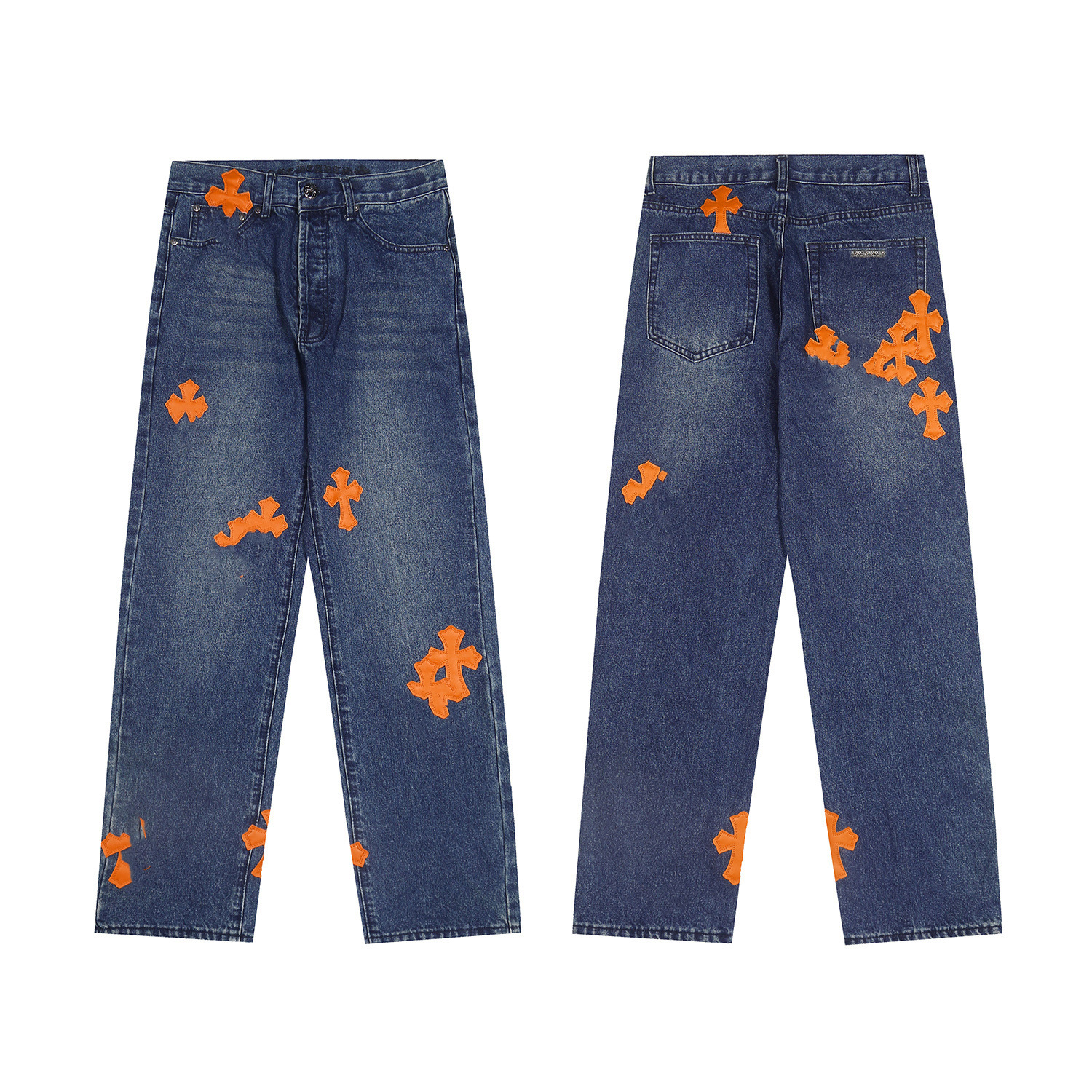 2025 Spring and Autumn Ch Orange Leather Embroidered Wide Leg Loose Casual Jeans Trousers Men's and Women's Couple Style