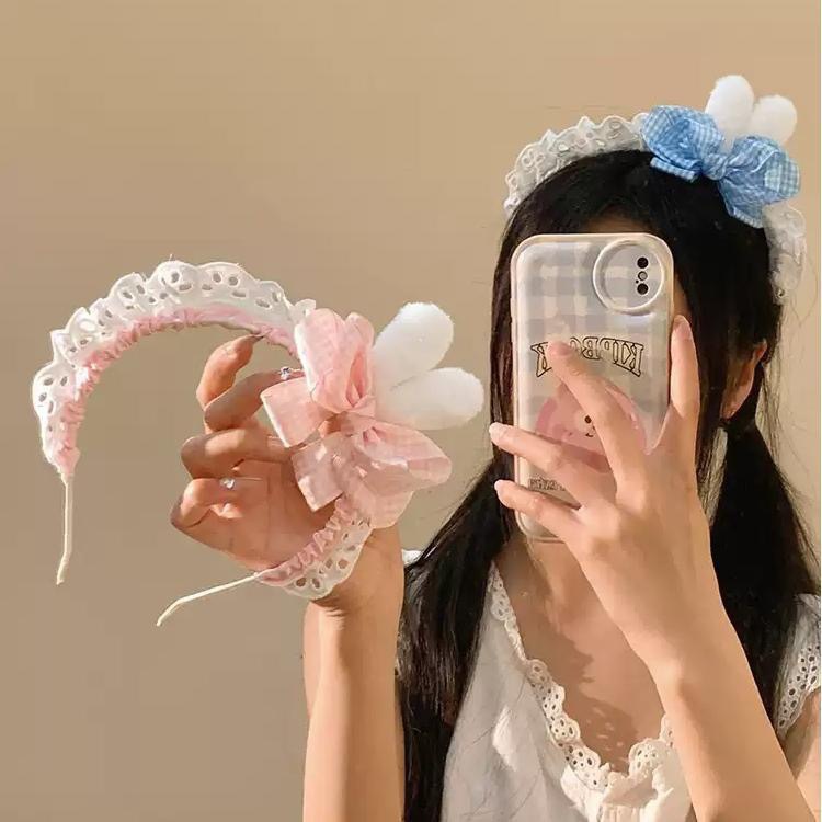 Blue and Pink Cute Bunny Ears Pink Bow Headband Female Maid Kc Lolita Headdress Lolita Headband