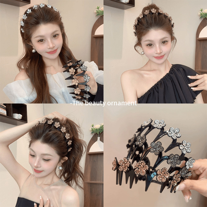 South Korea Rhinestone Flower Wave Hair Band Women's Summer Breaking Hair Finishing High Cranial Top Head Band Special Hair Clips for Wash Face Hair Bundles