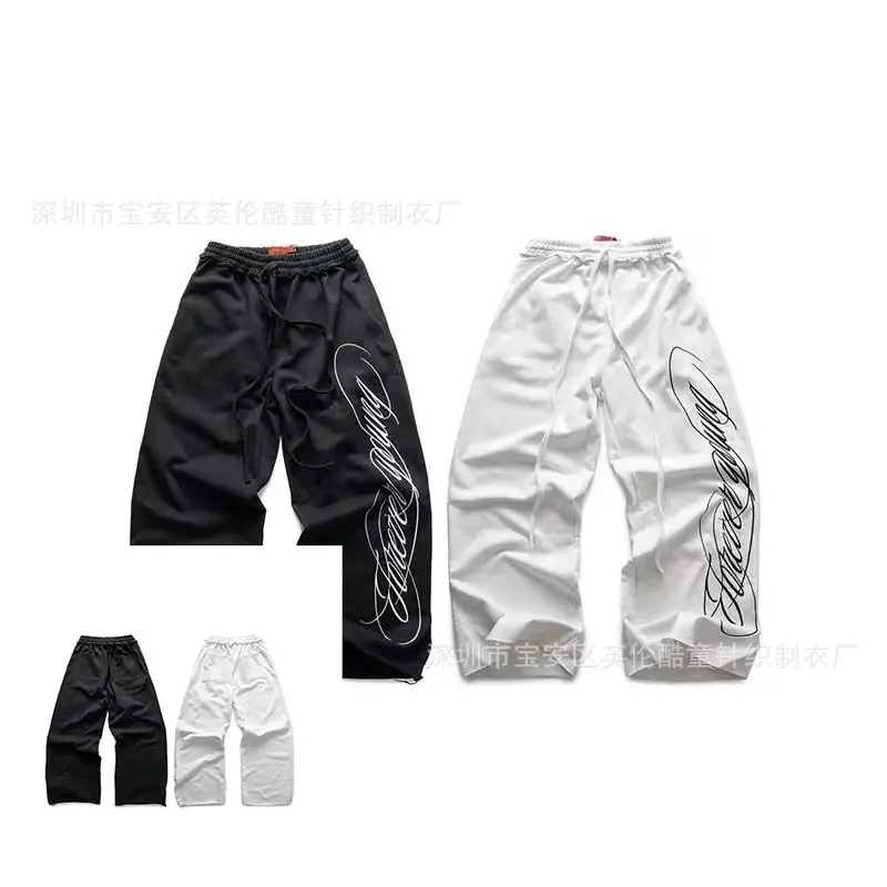 Cross-Border 2025 New Popular English Line Drawing Design Men's and Women's Wide-Leg Pants Side Printed Series Trousers
