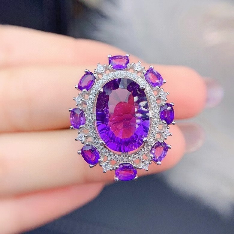 Cross-border ins style luxury color treasure ring imitation natural amethyst lucky yellow diamond high carbon diamond open ring color treasure