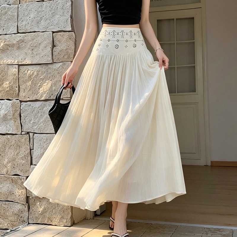 Bohemian Vacation Off-White A-Line Skirt for Women, Spring and Summer Thin Style Skirt, Holiday Retro A-Line Long Skirt