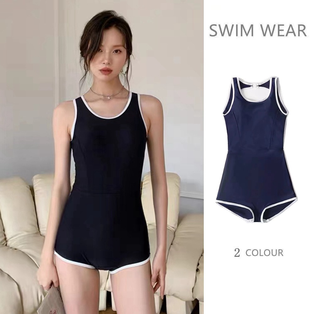 Quick-Drying Korean Style Ins Conservative One-Piece Swimsuit for Women with Small Breasts, Slimming Look, Sports Simple Boxer Swimsuit for Hot Spring Vacation