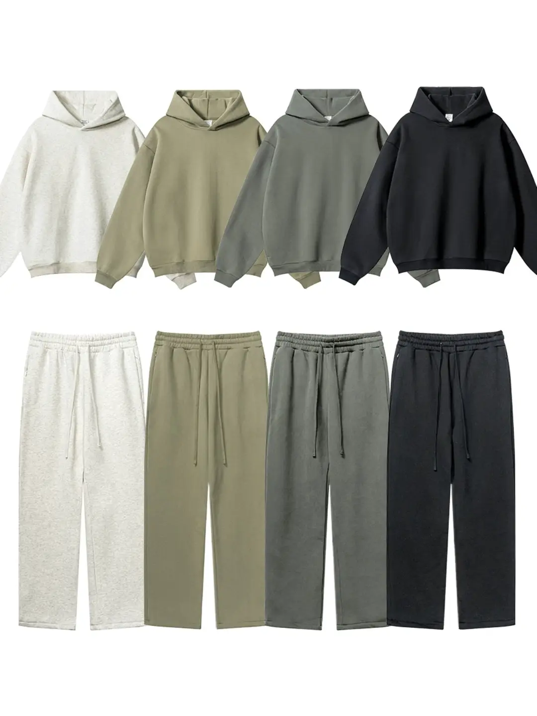 Kanye European and American High Street Heavyweight Fleece-Lined Solid Color Hooded Sweatshirt Two-Piece Set for Men and Women, Trendy Brand Loose Zipper Sweatpants