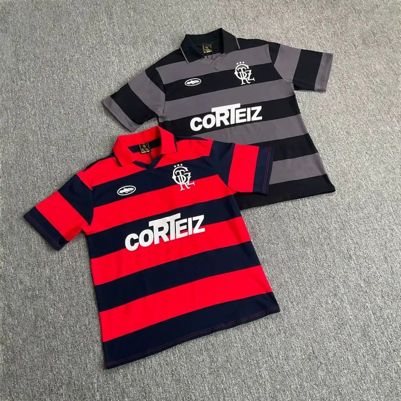 Meichao Corteiz Alcatraz Letter Print Striped Polo Shirt Summer Unisex Sports Jersey Short-Sleeved T-Shirt