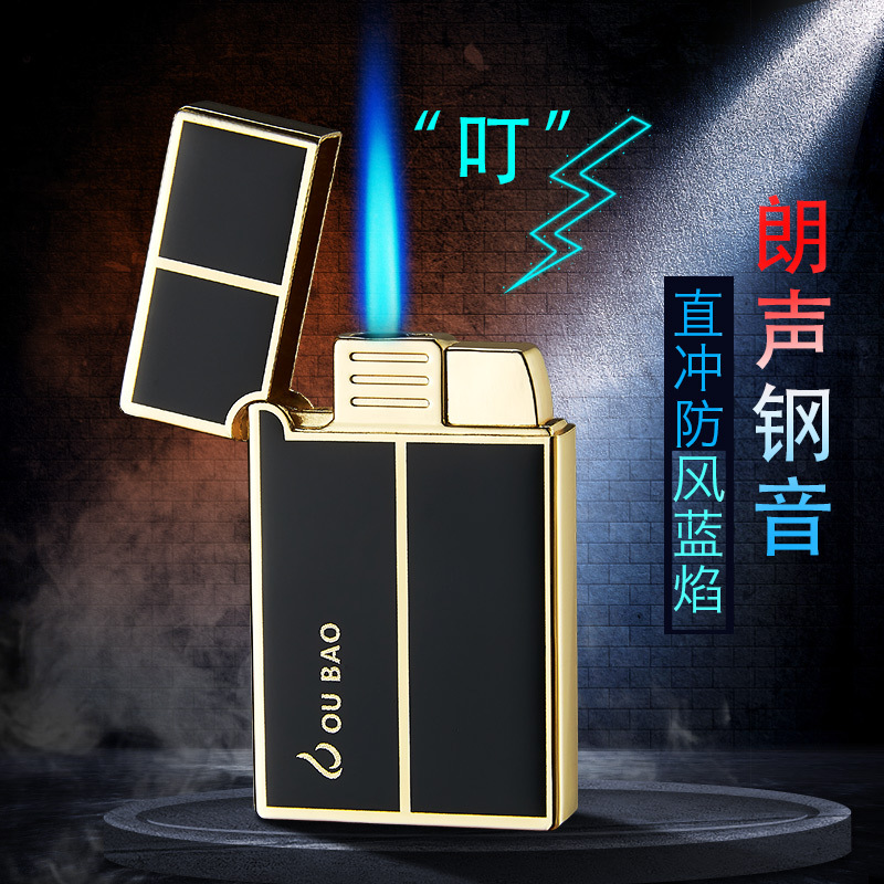 B813 Inflatable Lighter Metal Langsheng Steel Sound Straight Windproof Blue Flame Electronic Lighter Gift